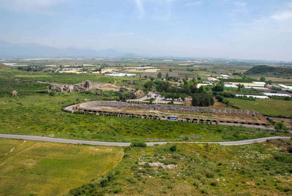 Aerial View of Road to Perge Ancient Site in Antalya in Turkey