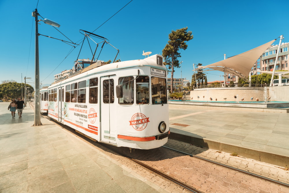 Retro tram on the streets of Antalya in Turkey (Editorial)