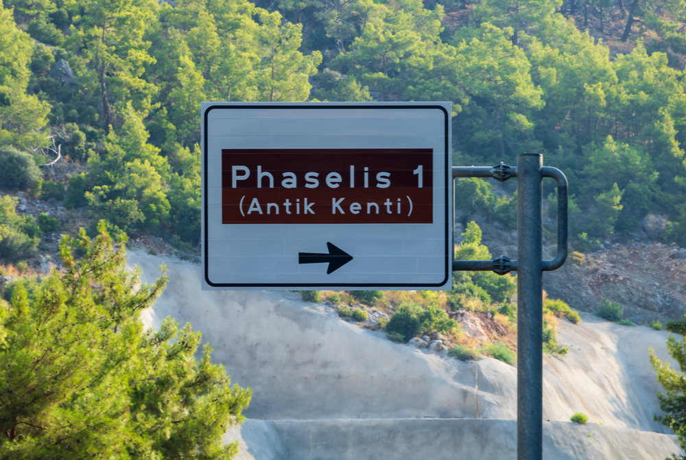 Road Sign of Phaselis in Antalya in Turkey