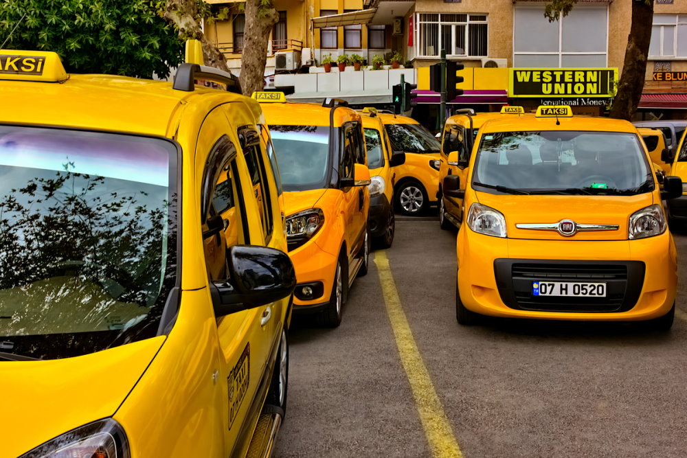 Group of yellow taxis parked in Antalya in Turkey (Editorial)