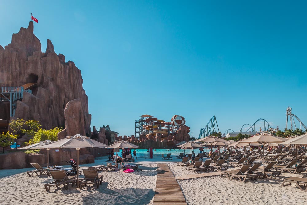 The Land of Legends Theme Park Sundbeds and Pool in Turkey